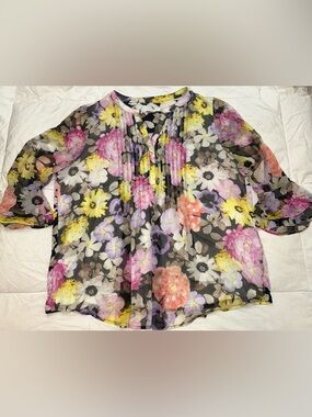 Charter Club Petite PXL Floral Pintuck Blouse Flutter 3/4 Slv Sheer Boho Top